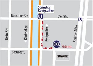Wegbeschreibung für Anreise mit öffentlichen Verkehrsmitteln (ab der Haltestelle Steinstr./ Königsallee, bis zur BKK Deutsche Bank)