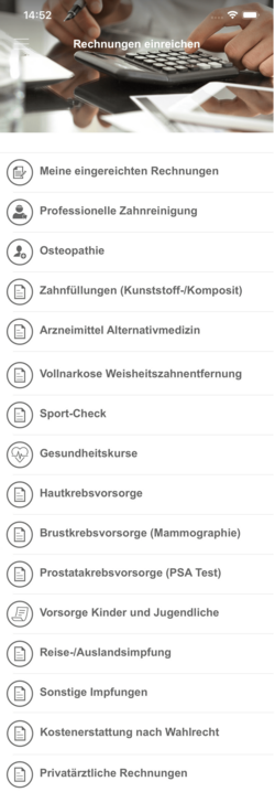 Screenshot Benutzeroberfläche der App: Rechnungen einreichen