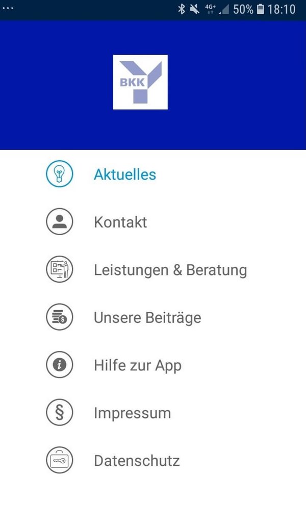 Benutzeroberfläche der App: Hauptmenü